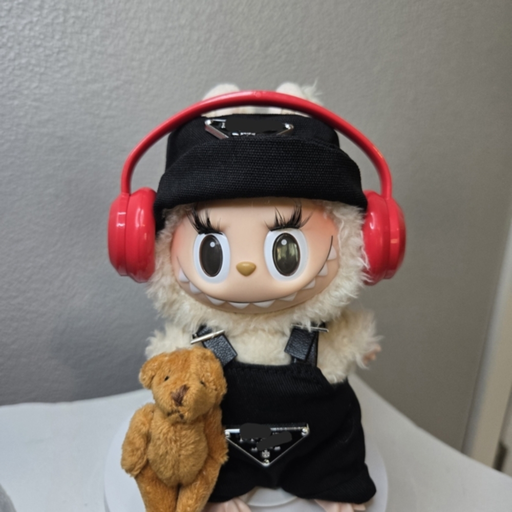Outfit For Labubu With Red Headphones And Teddy Bear